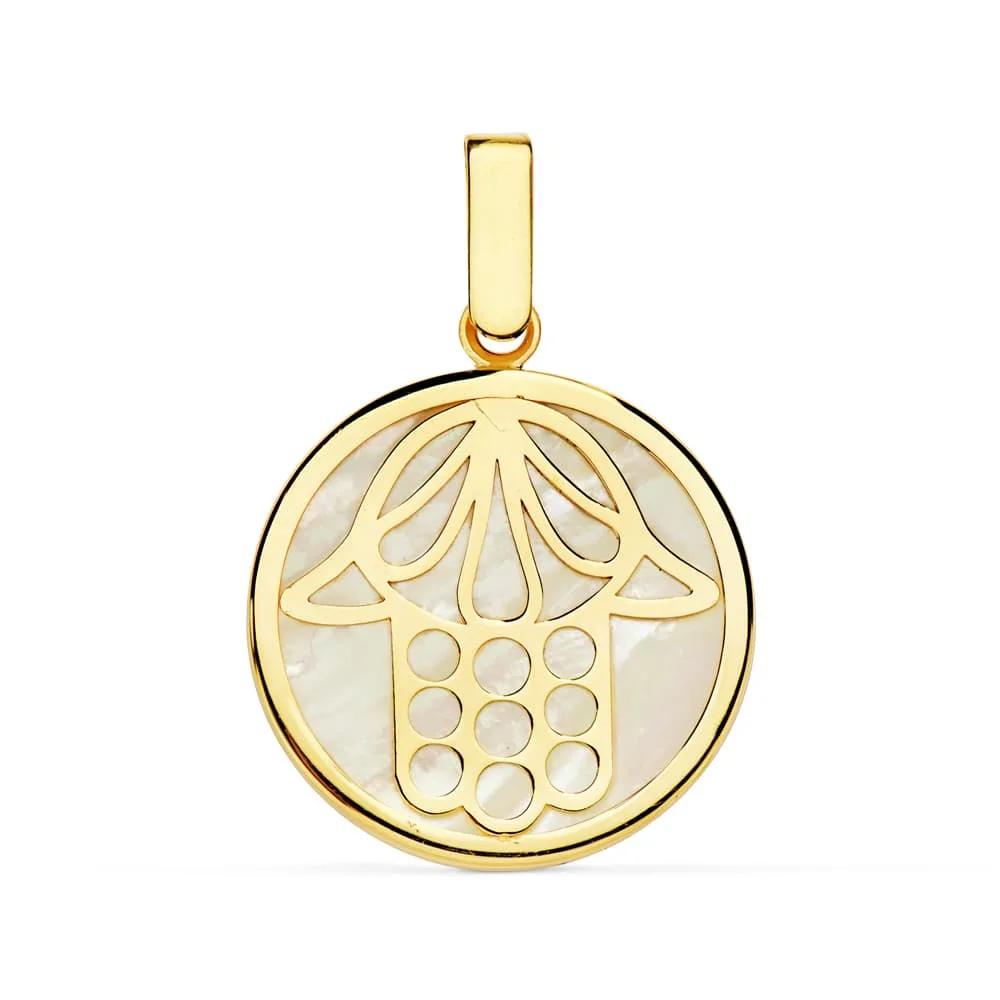 18K COLGANTE AMULETO ORO AMARILLO NACAR MANO DE FATIMA 18 MM