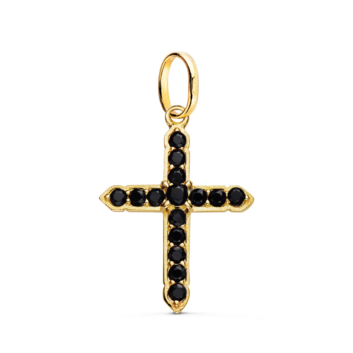 18K CRUZ ORO AMARILLO CON 15 CIRCONITA NEGRAS EN GARRAS. 24 X 18 MM