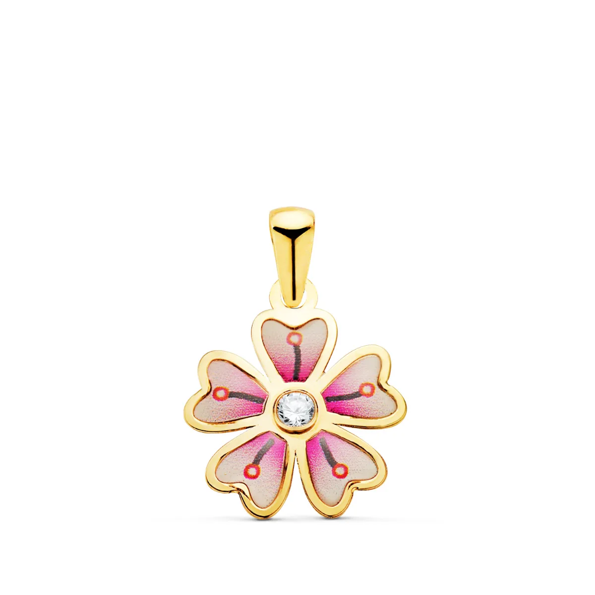 18K COLGANTE ORO AMARILLO FLOR 5 PETALOS CON ESMALTE COLOR Y CIRCONITA.  13 X 11 MM