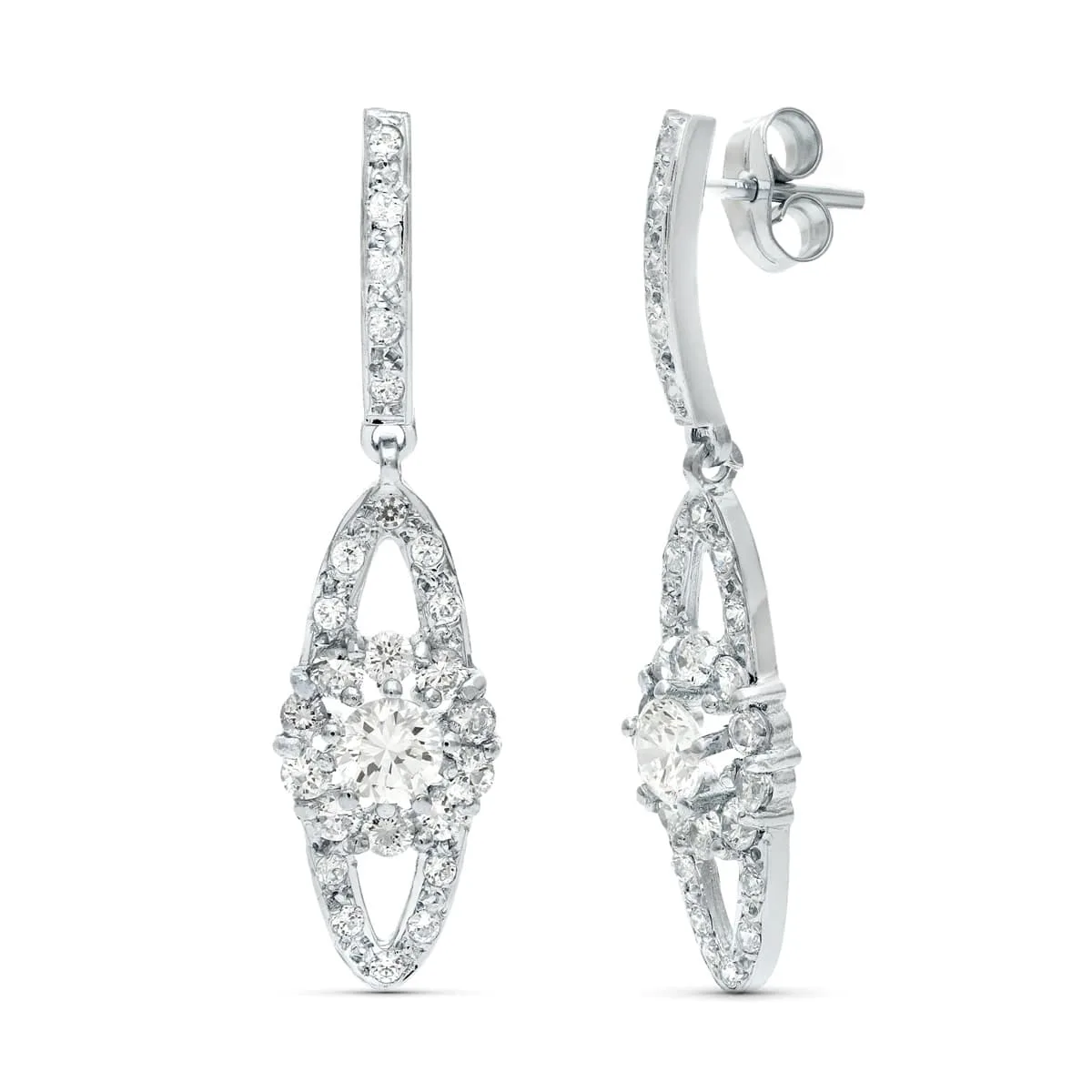 18K PENDIENTES ORO BLANCO JUEGO NOVIA CIRCONITA 35X9 MM PRESION