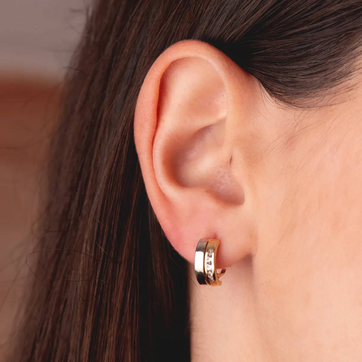 18K PENDIENTES ORO BICOLOR  DOS BANDAS CON CIRCONITAS CARRIL. 12 X 5 MM. CIERRE CATALAN — vista 2