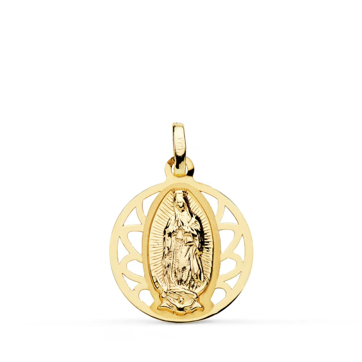 18K MEDALLA ORO AMARILLO VIRGEN DE GUADALUPE CERCO CALADO 18 MM