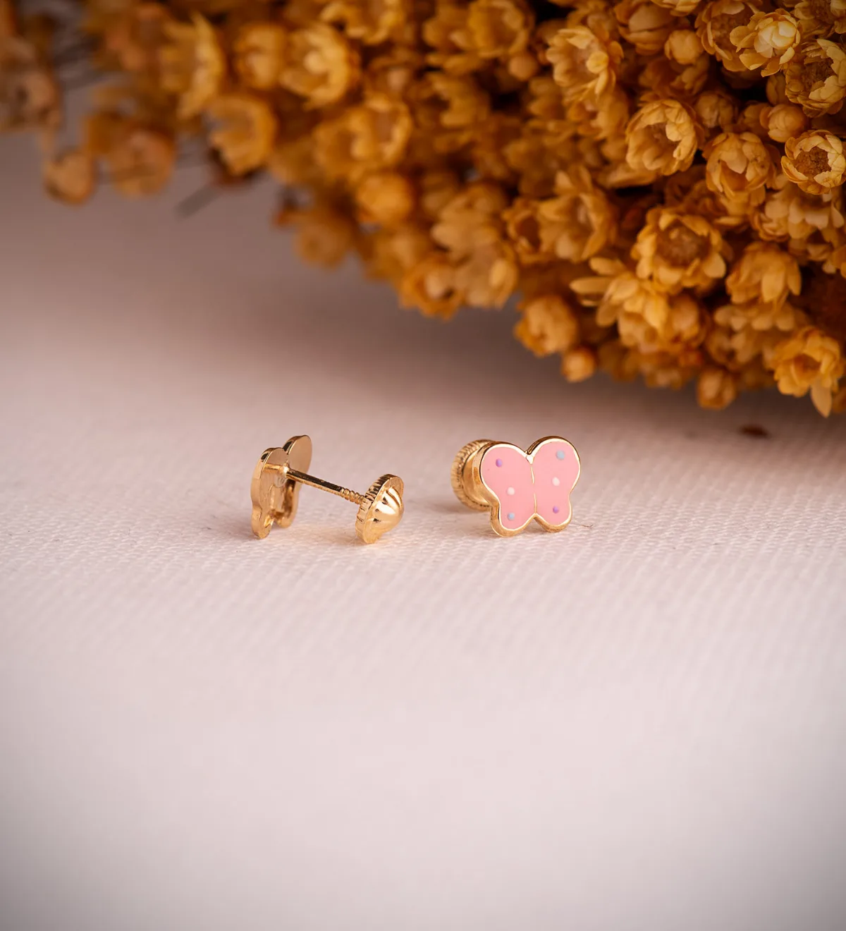 18K PENDIENTES ORO AMARILLO MARIPOSAS ESMALTE ROSA. MEDIDA: 8 X 6,5 MM. CIERRE TUERCA — vista 2