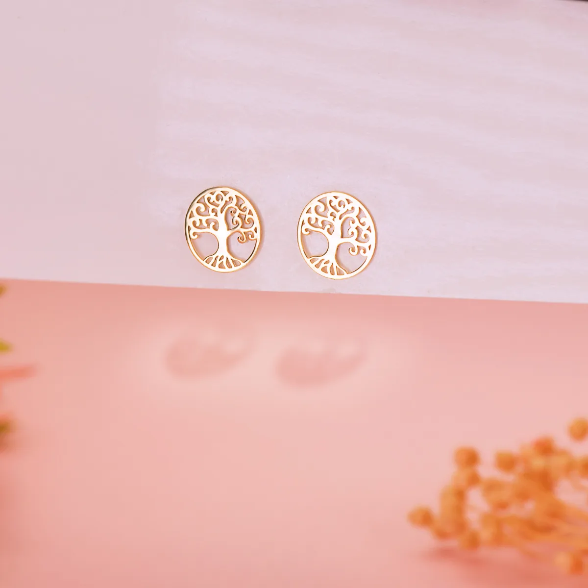 18K PENDIENTES ORO AMARILLO ARBOL DE LA VIDA EN BRILLO CALADOS 10 MM. CIERRE PRESION — vista 2
