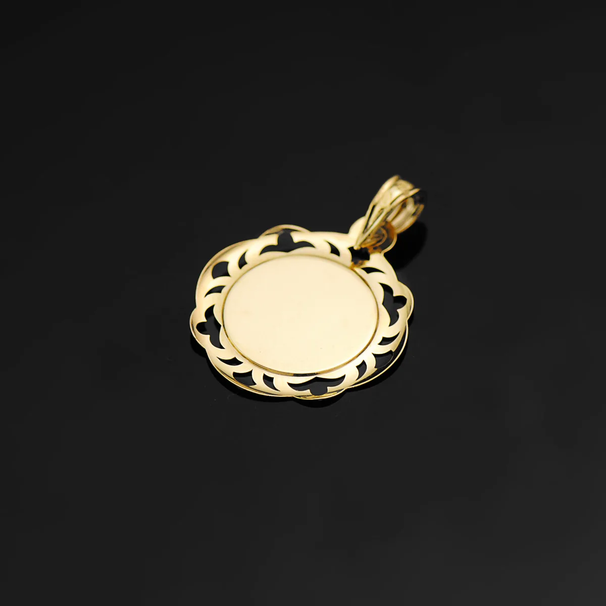 18K MEDALLA ORO AMARILLO VIRGEN NIÑA CERCO CALADO EN BRILLO 20X18 MM — vista 3