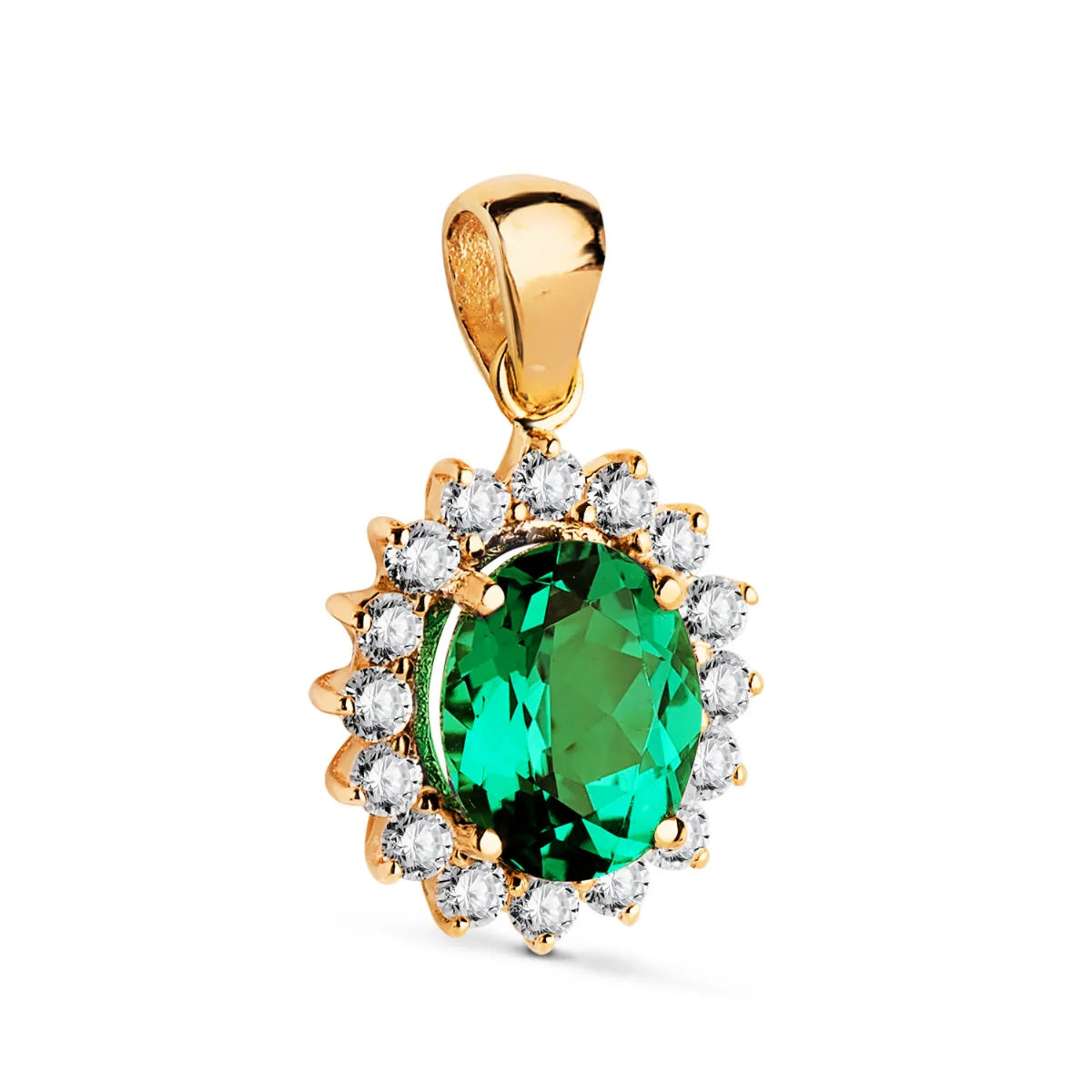 18K COLGANTE ORO AMARILLO ESMERALDA RECRISTALIZADA 9X7 MM 1,74 QTS. DIAMANTES LABORATORIO VS2-G 0,52 QTE 14X12 MM