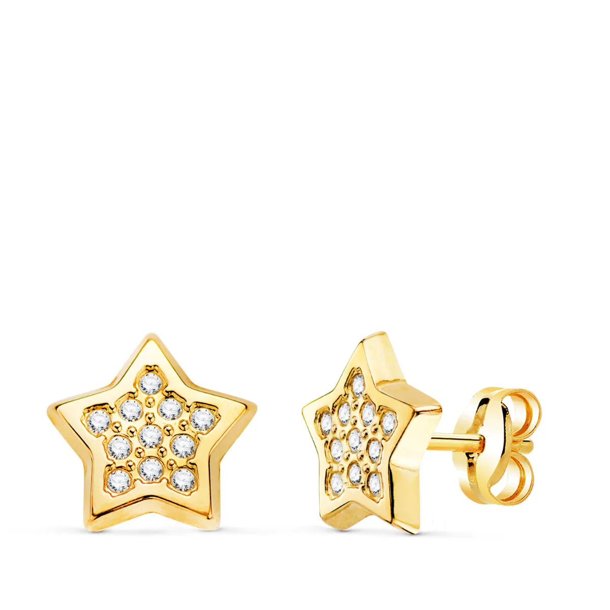 18K PENDIENTES ORO AMARILLO ESTRELLAS CON CIRCONITA 9X9 MM. CIERRE PRESION