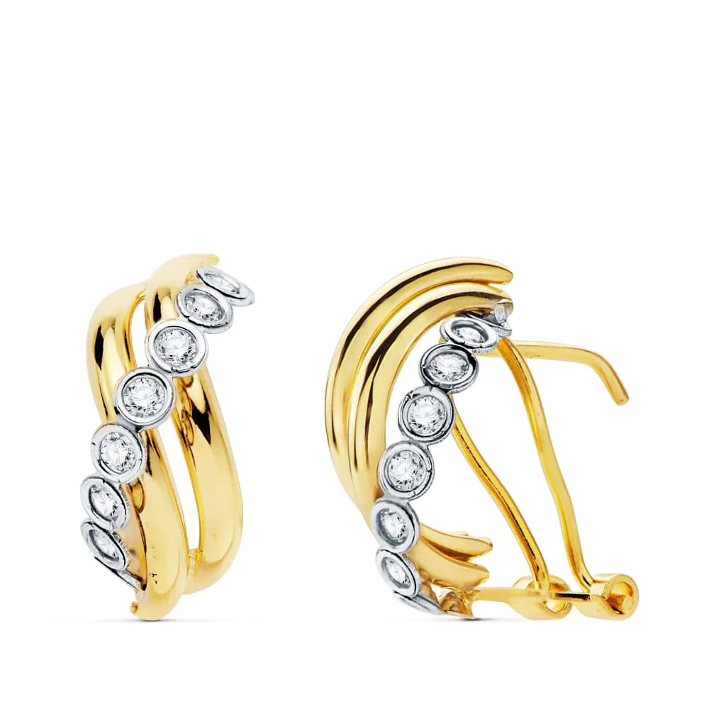 18K PENDIENTES ORO BICOLOR BANDAS 16X8 MM CIERRE OMEGA