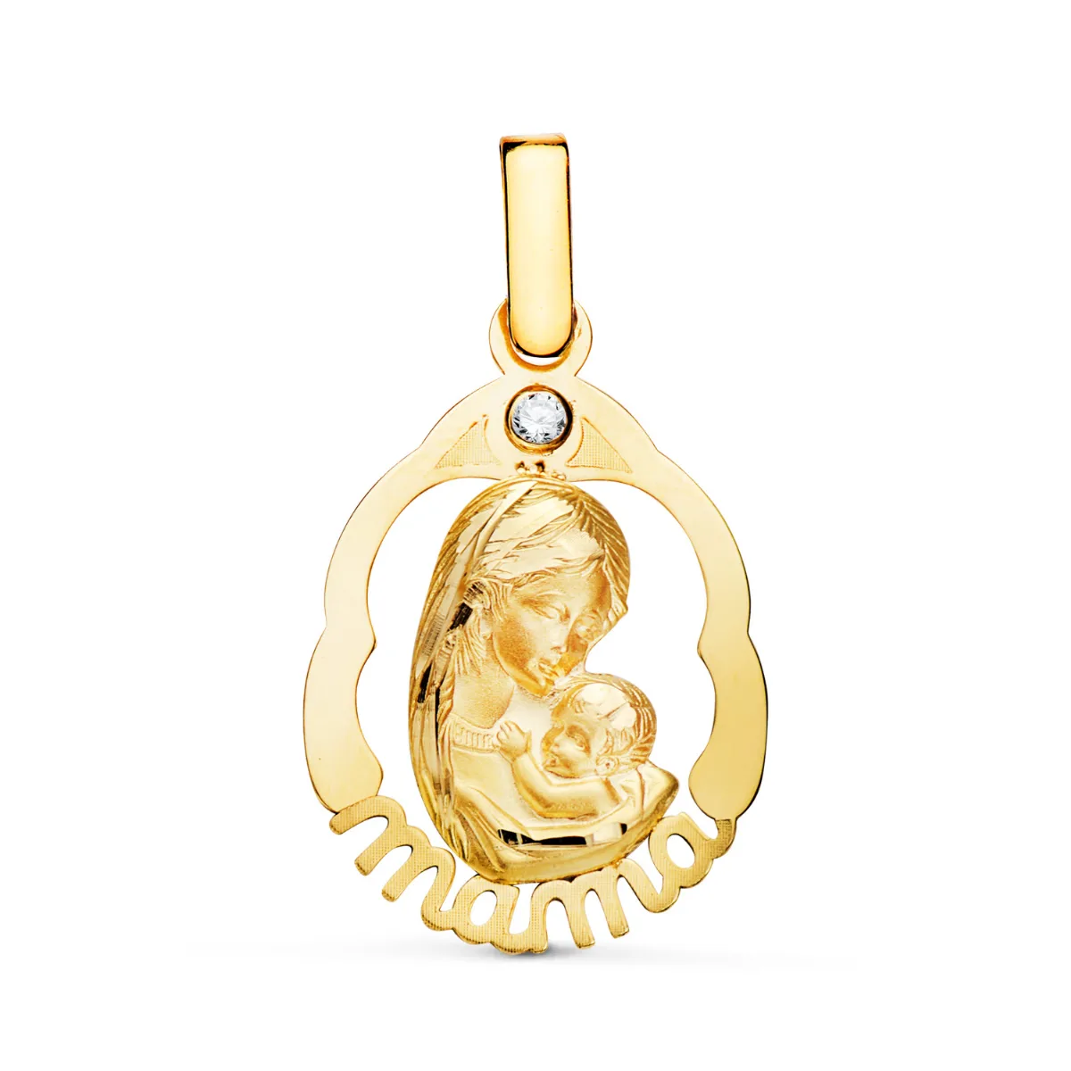 18K COLGANTE ORO AMARILLO VIRGEN MADRE CON PALABRA "MAMA". MEDIDA: 23X15 MM