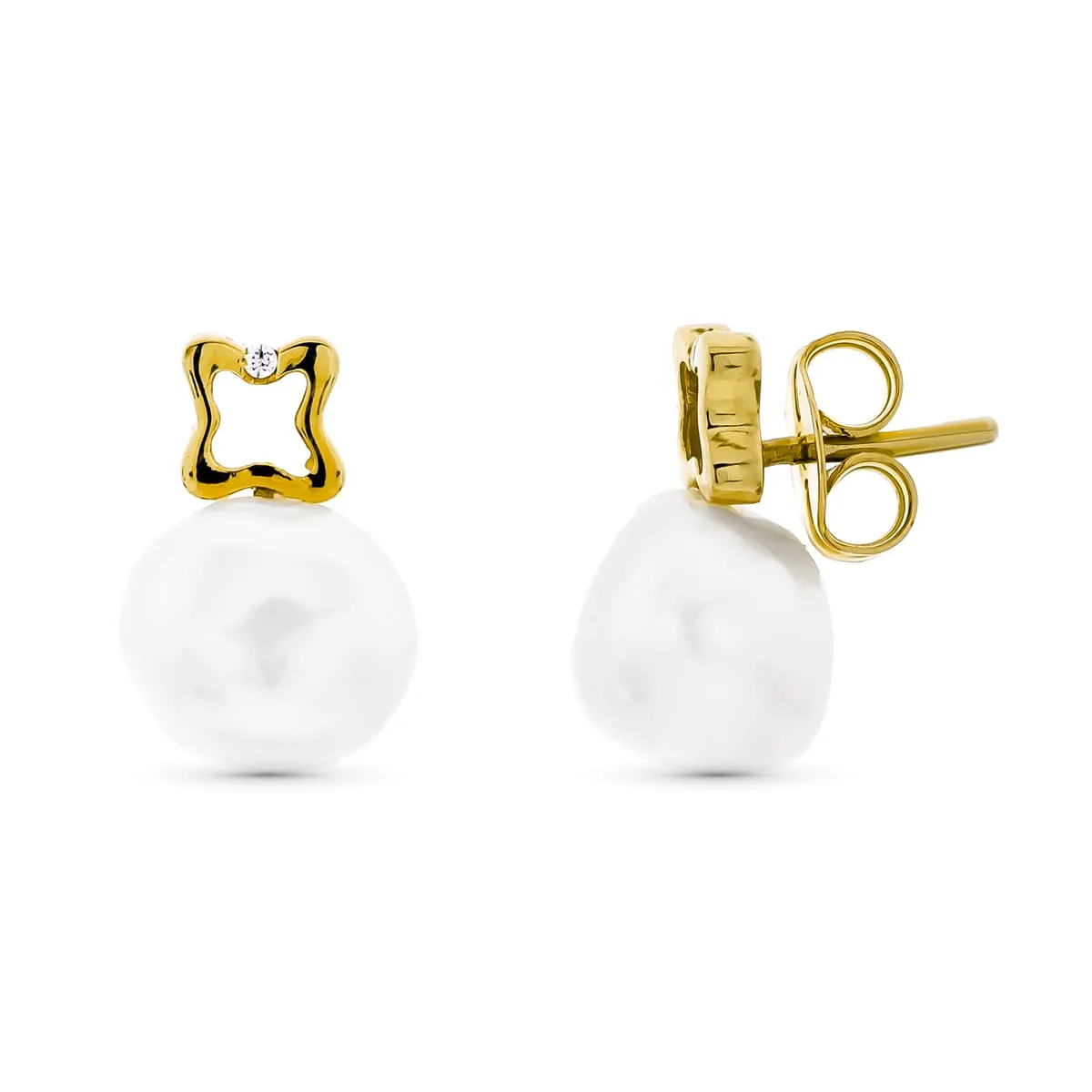 18K PENDIENTES ORO AMARILLO MOTIVO TREBOL CON PERLA CIERRE PRESION