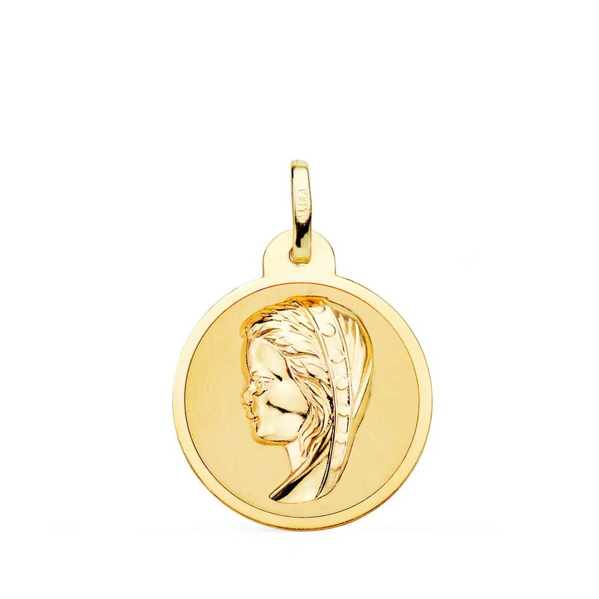 18K MEDALLA ORO AMARILLO VIRGEN NIÑA EN BRILLO 20 MM