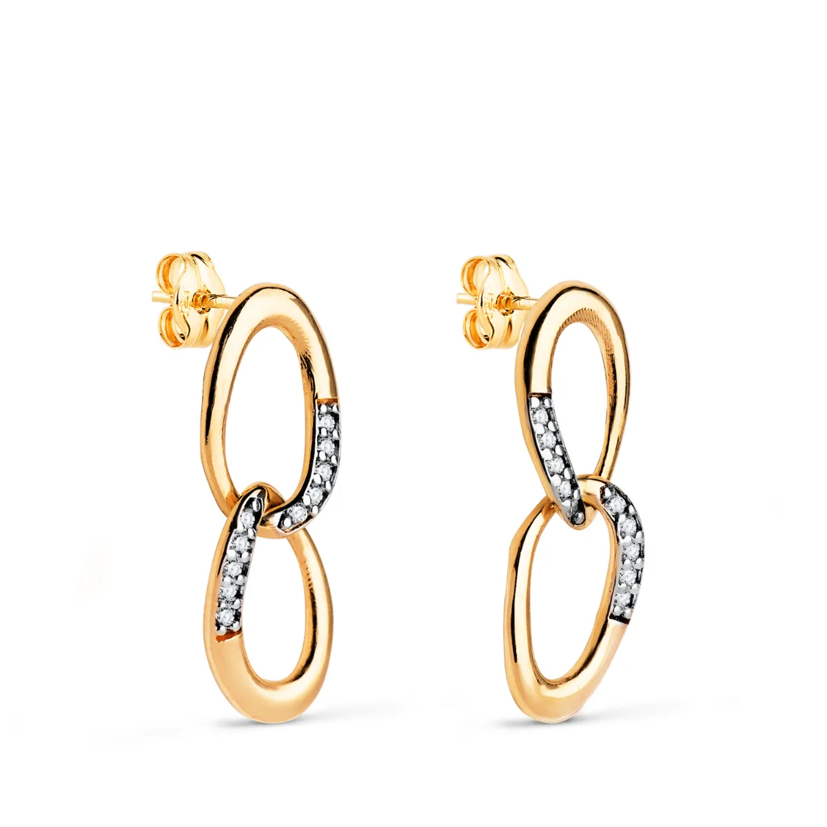 18K PENDIENTES ORO BICOLOR DOS ESLABONES CON CIRCONITAS. MEDIDA: 20 X 7 MM. CIERRE PRESION
