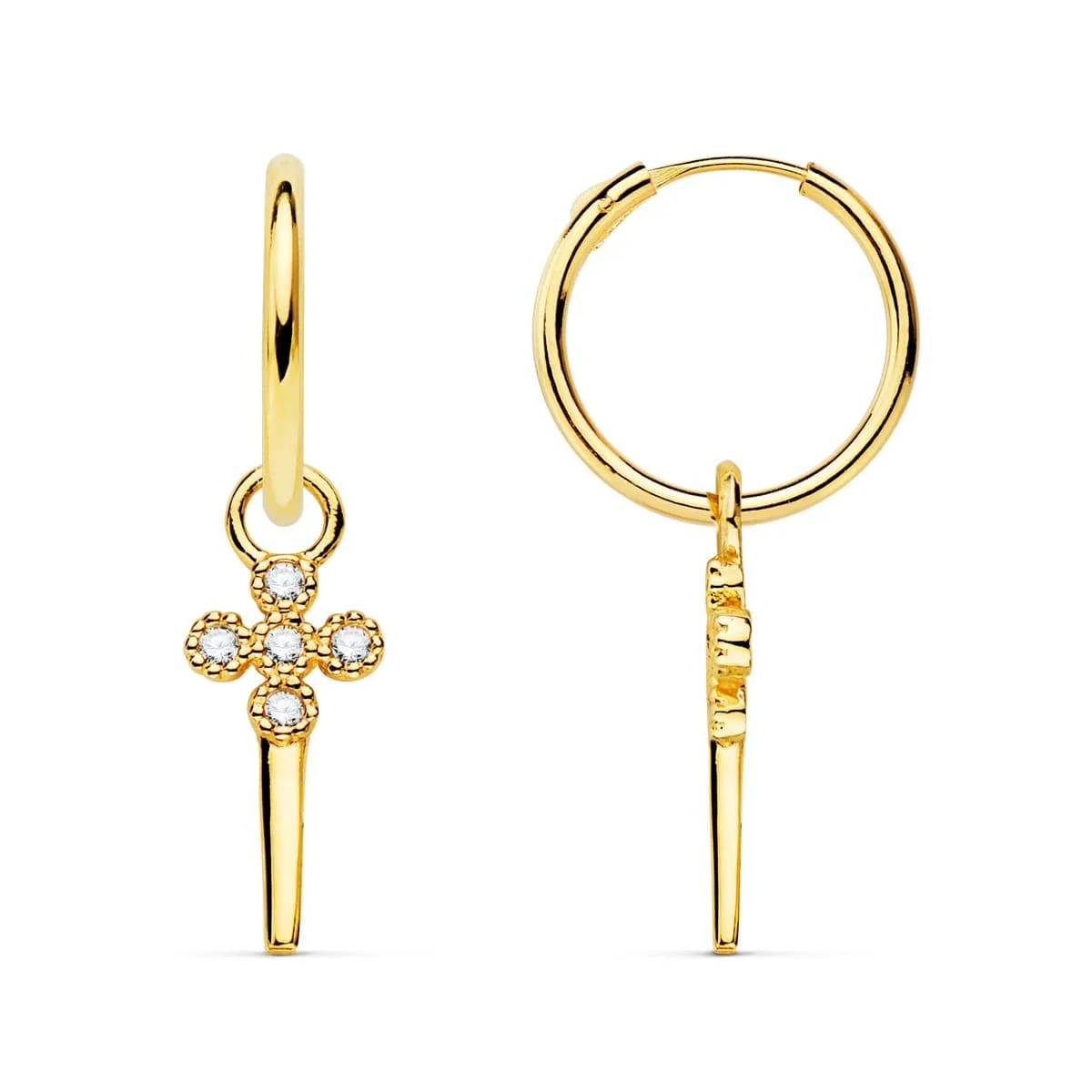 18K AROS TUBO REDONDO ORO AMARILLO 11X1.20 MM Y COLGANTE CRUZ CON PUÑAL