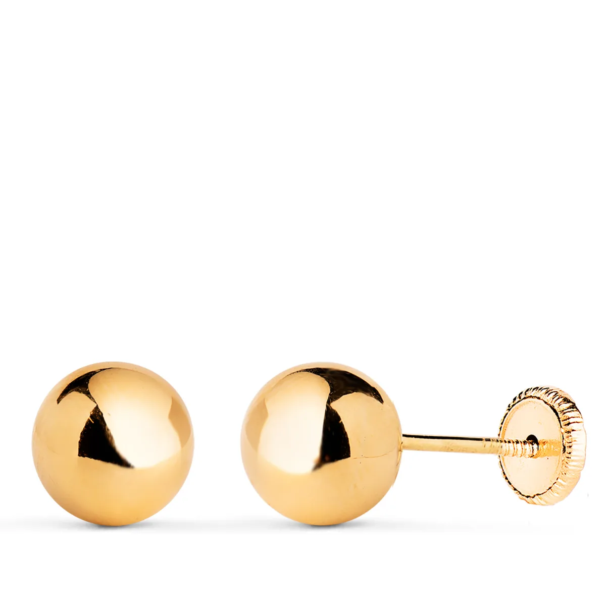 18K PENDIENTES ORO AMARILLO BOLA LISA BRILLA HUECA. ANCHO: 7 MM. CIERRE TUERCA