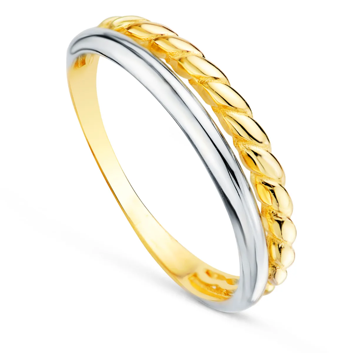 18K SORTIJA ORO BICOLOR DOBLE BANDA LISA Y RELIADA. ANCHO: 4MM