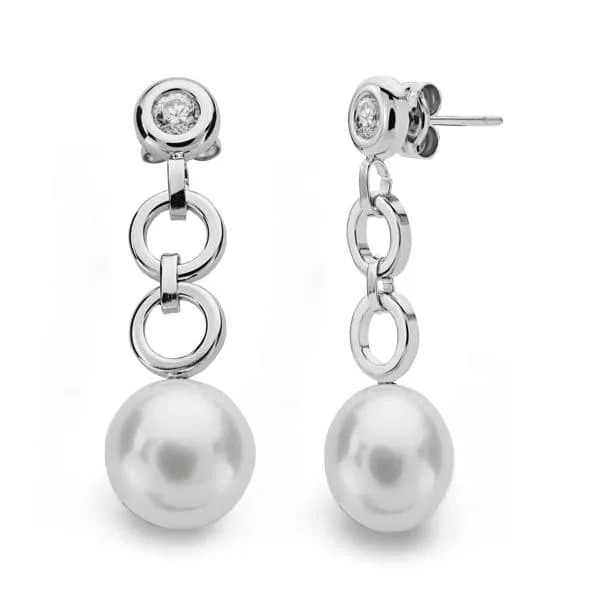 18K PENDIENTES ORO BLANCO PERLA CIRCONITA 29X9 MM CIERRE PRESION