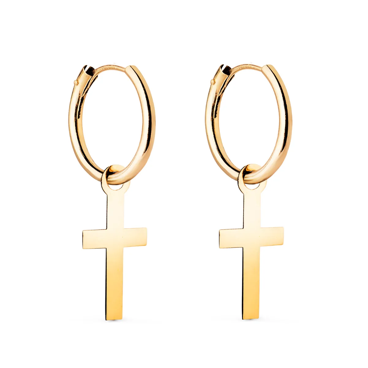 18K AROS ORO AMARILLO TUBO CON CRUZ LISA 12X6 MM AROS: 12 X 1,5 MM