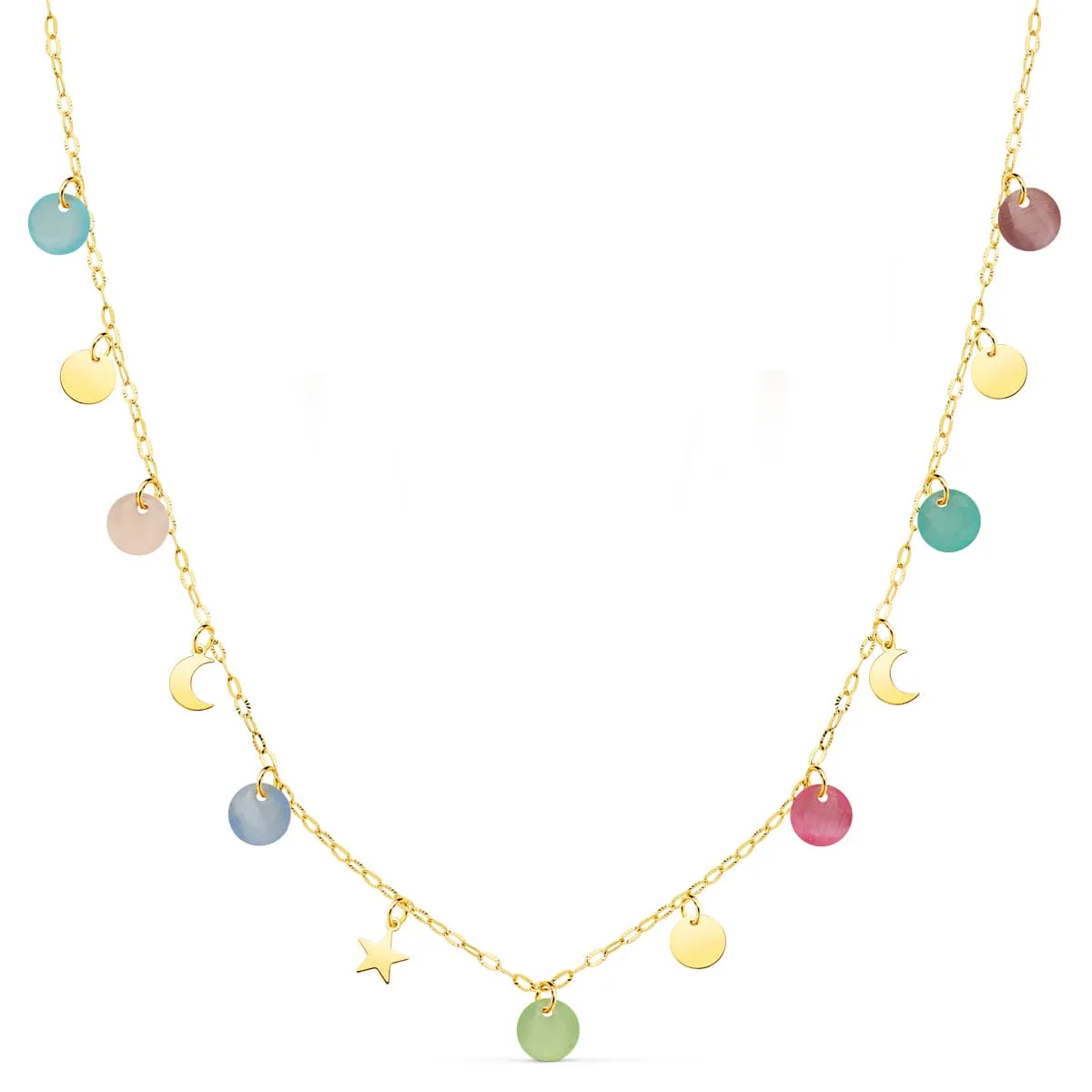 18K GARGANTILLA AMARILLO PLACA CHAPAS FORMAS 5 MM Y PIEDRAS 5 MM CADENA FORZADA 45CM