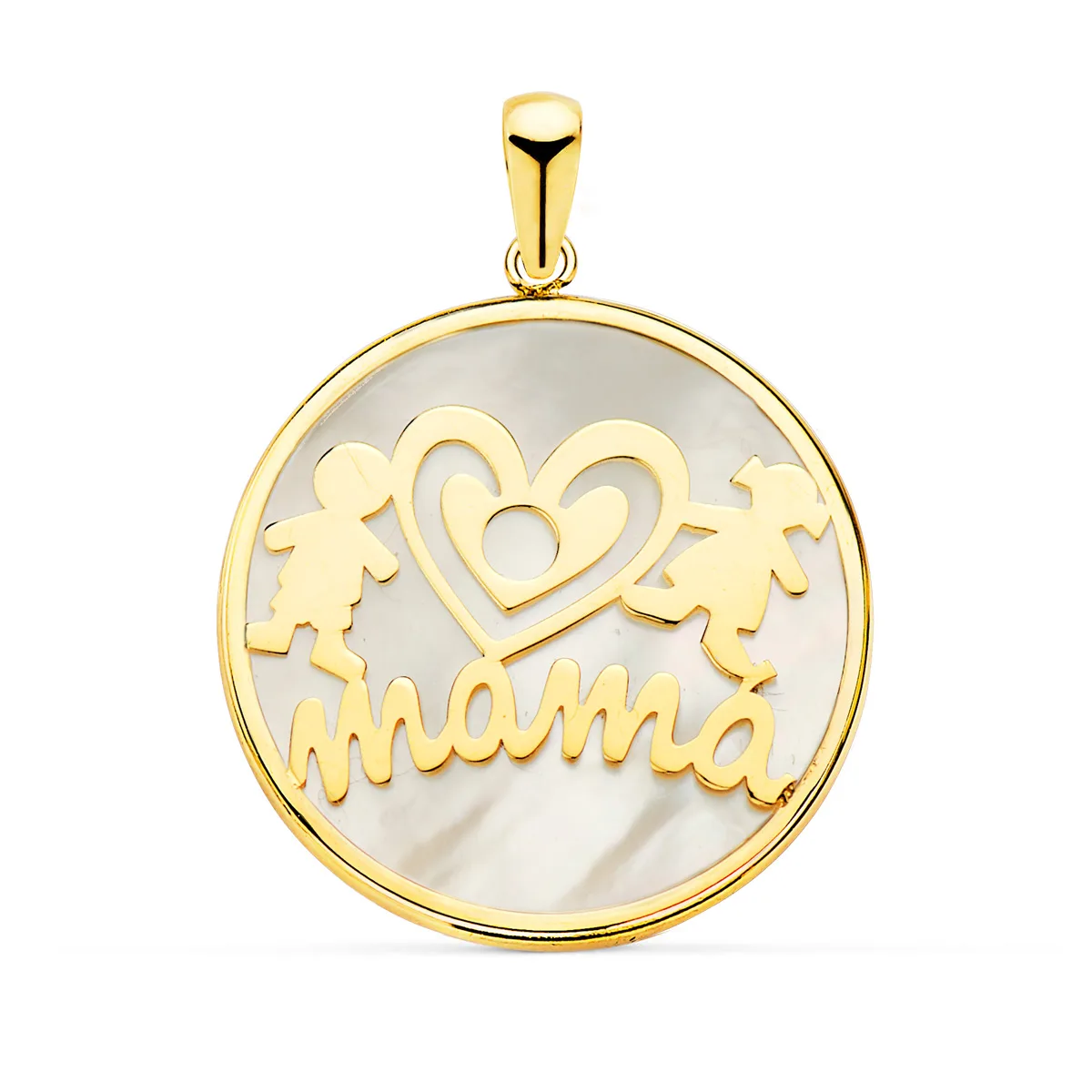 18K COLGANTE ORO AMARILLO MAMA NACAR NIÑO-NIÑA 20 MM