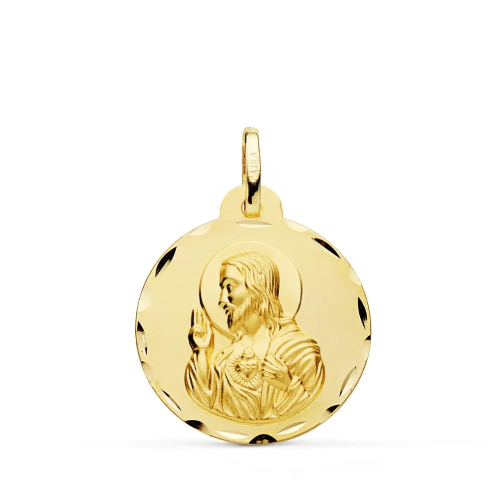 18K MEDALLA ORO AMARILLO CRISTO SAGRADO CORAZON DE JESUS TALLADA 22 MM