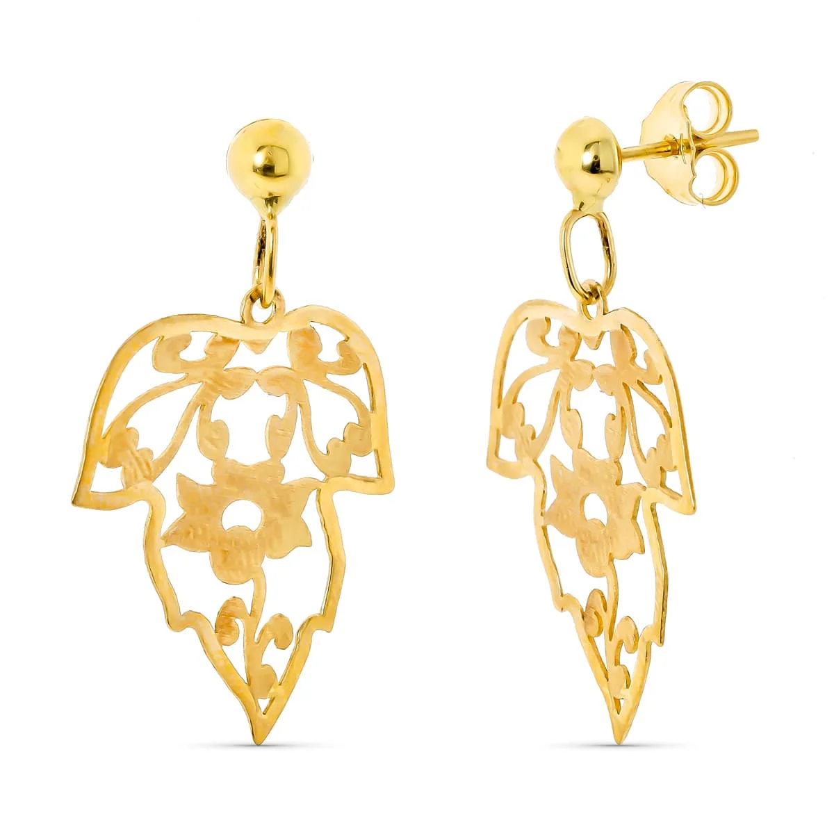 18K PENDIENTES ORO AMARILLO HOJA CALADA MATE Y BRILLO CIERRE PRESION