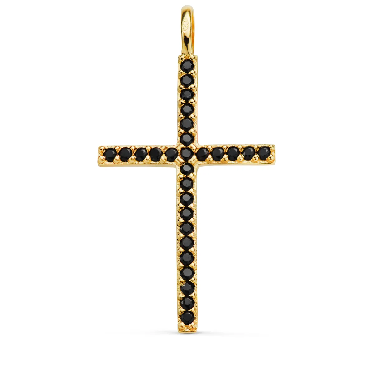 18K CRUZ ORO AMARILLO CON CIRCONITA NEGRAS 37 X 19 MM. ANILLA FIJA