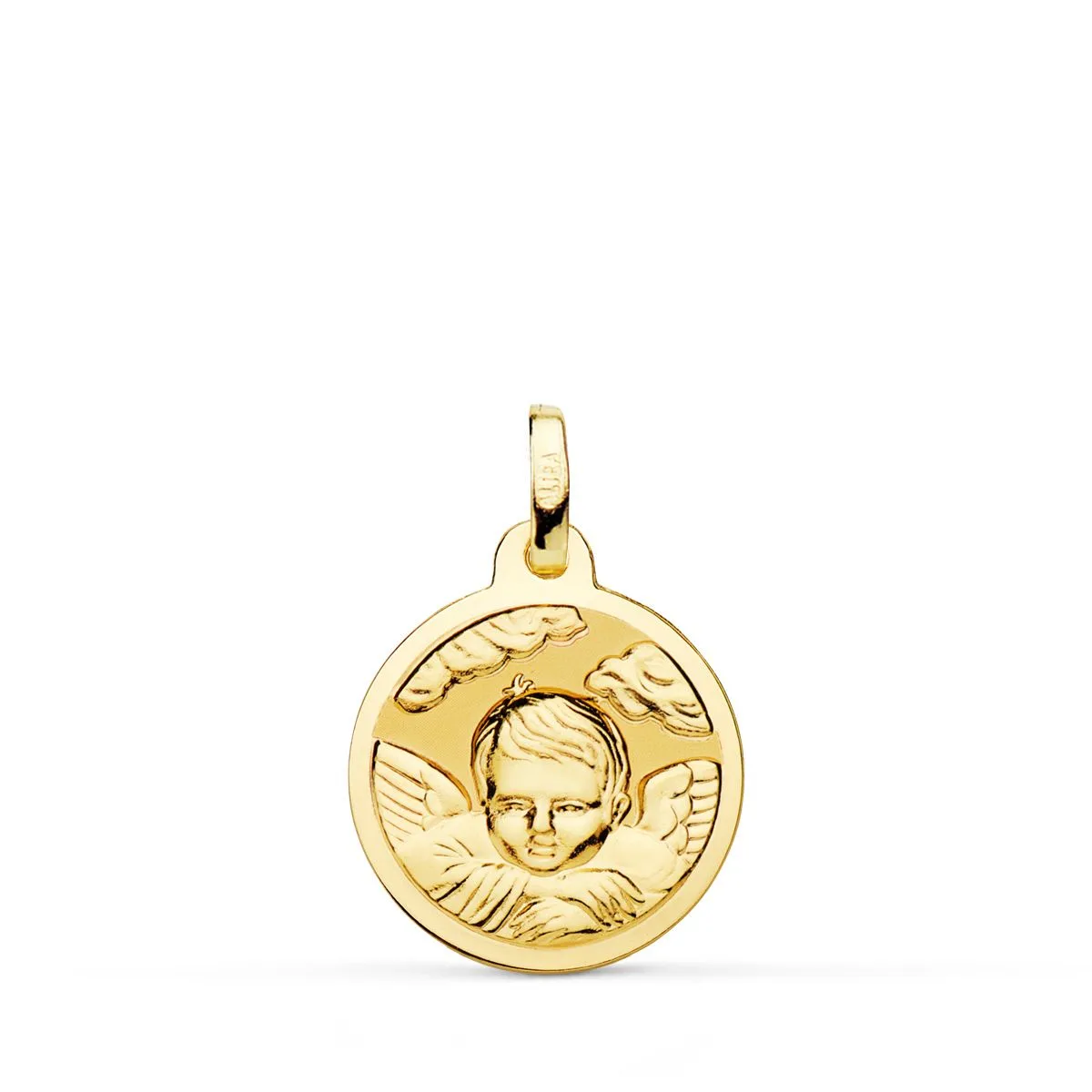 18K MEDALLA ORO AMARILLO ANGEL NIÑO EN LA NUBE BRILLO 16 MM