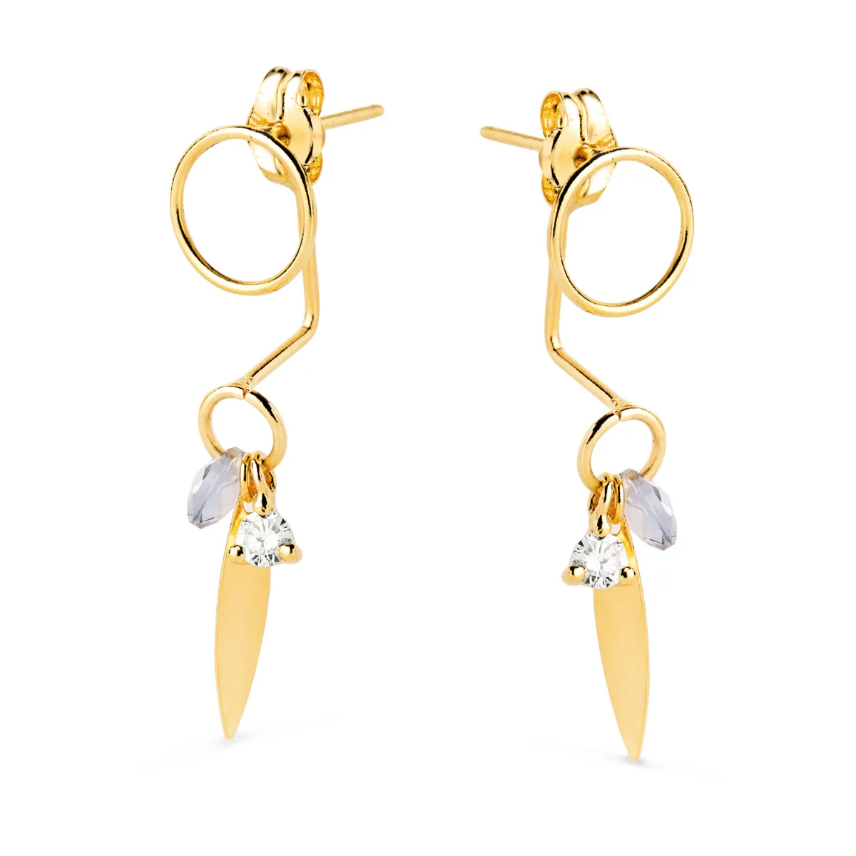 18K PENDIENTES ORO AMARILLO EAR JACKETCON CIRCULO, HOJA Y PIEDRA AZUL 27X7 MM. CIERRE PRESION