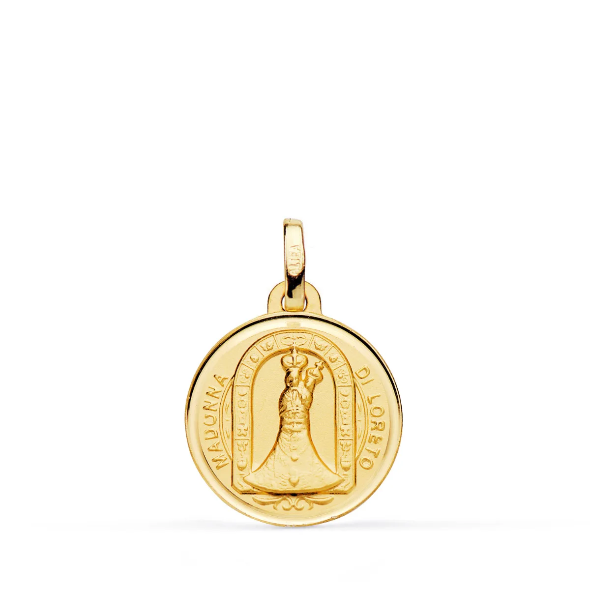 18K MEDALLA ORO AMARILLO VIRGEN DE LORETO CON BISEL Y MATIZADA. MEDIDA: 16 MM
