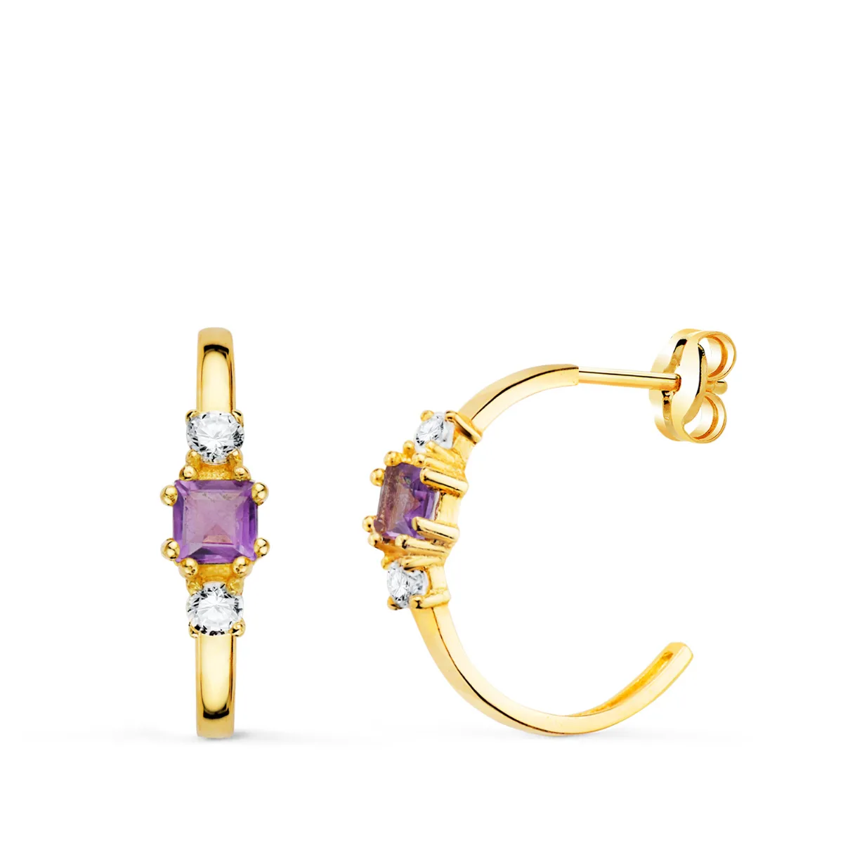 18K PENDIENTES ORO AMARILLO MEDIO ARO AMATISTA CUADRADA Y CIRCONITAS. 14X3,5 MM CIERRE PRESION