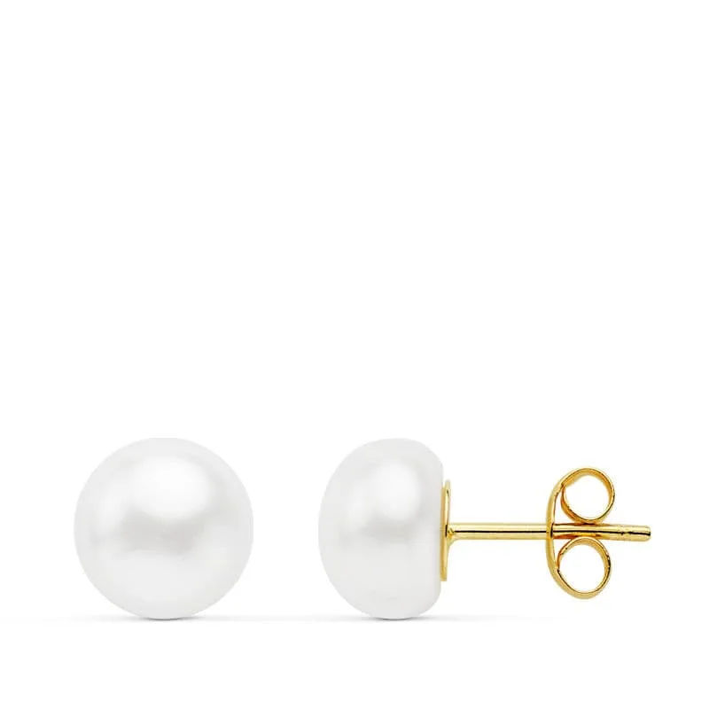 18K PENDIENTES ORO AMARILLO PERLAS CULTIVADAS  BOTON 8-8.5 MM CIERRE PRESION