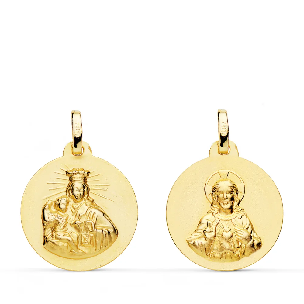 18K ESCAPULARIO ORO AMARILLO VIRGEN DEL CARMEN Y CORAZON DE JESUS LISO 18 MM