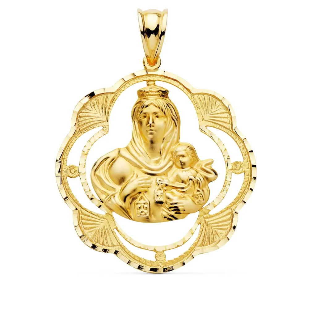 18K MEDALLA ORO AMARILLO VIRGEN DEL CARMEN PANDERETA 32X28 MM
