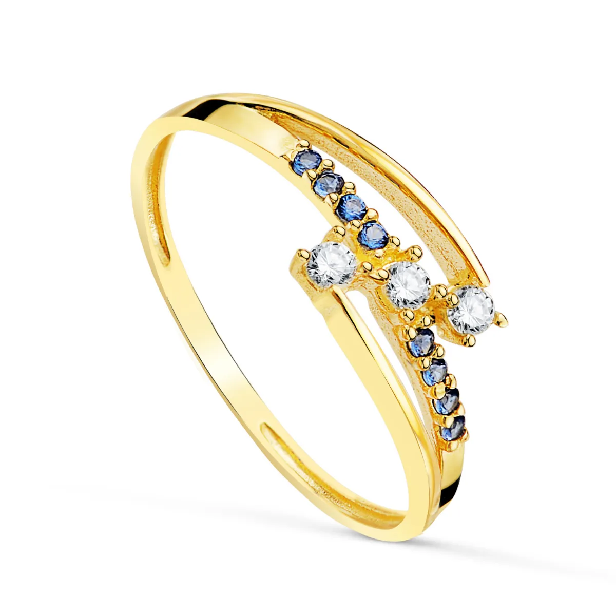 18K SORTIJA ORO AMARILLO CON CIRCONITA AZULES Y BLANCAS. ANCHO: 6MM