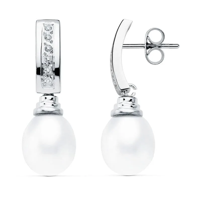 18K PENDIENTES ORO BLANCO PERLA 30X9 MM CIERRE PRESION