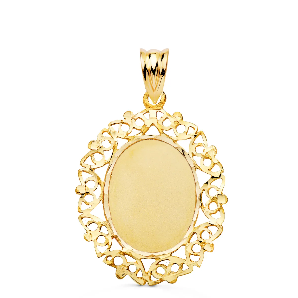 18K COLGANTE PLACA CHAPA ORO AMARILLLO CERCO CALADO 28 X 21 MM