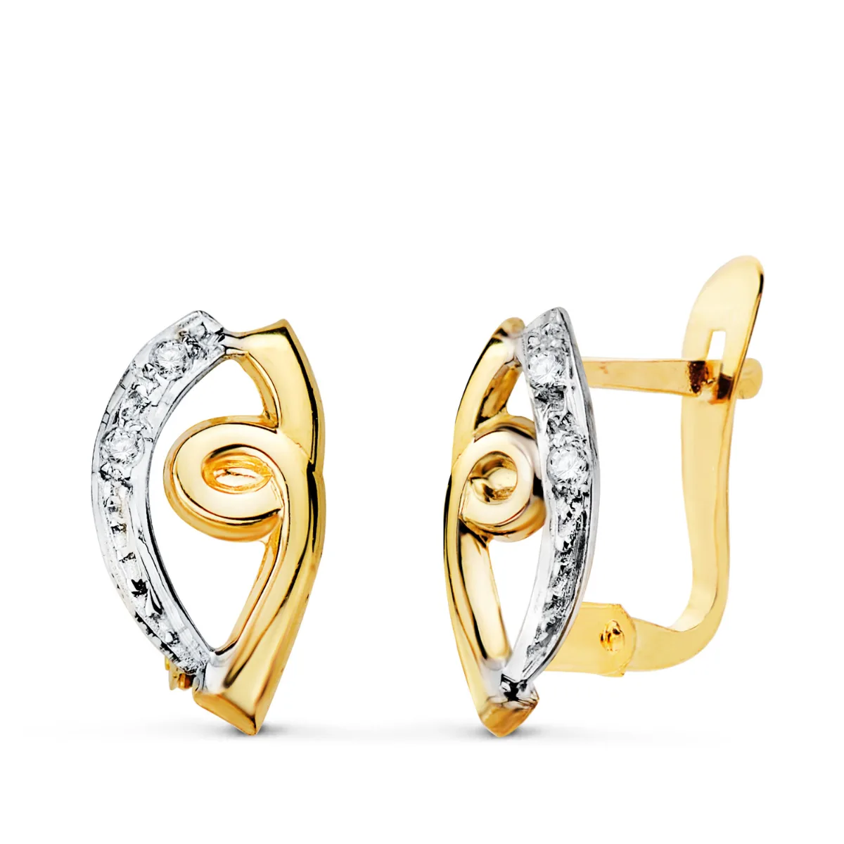 18K PENDIENTES ORO BICOLOR BANDAS CON CIRCONITA . 13 X 6.5 MM. CIERRE CATALAN