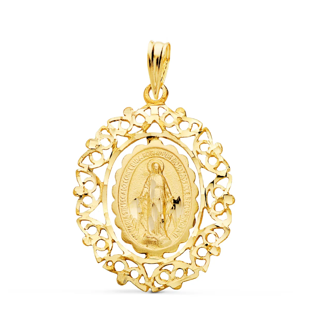 18K MEDALLA ORO AMARILLO VIRGEN DE LA MILAGROSA CERCO. MEDIDA: 28X21 MM