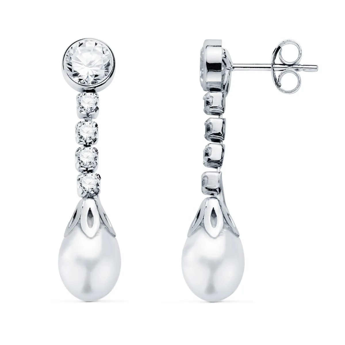18K PENDIENTES ORO BLANCO PERLA Y CHATON CON CIRCONITA 27 X 6.5MM. CIERRE PRESION