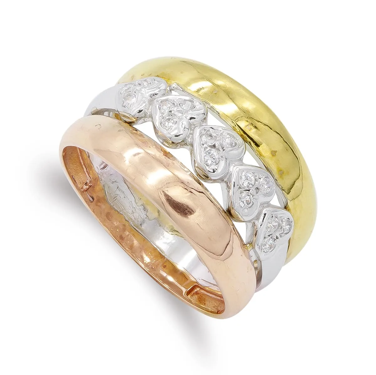 18K SORTIJA ORO TRICOLOR MACIZA CORAZONES CON CIRCONITAS. ANCHO: 13,5 MM