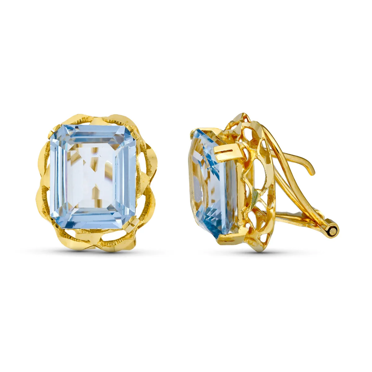 18K PENDIENTES ORO AMARILLO CANASTILLA AGUAMARINA 12X10 MM CIERRE OMEGA