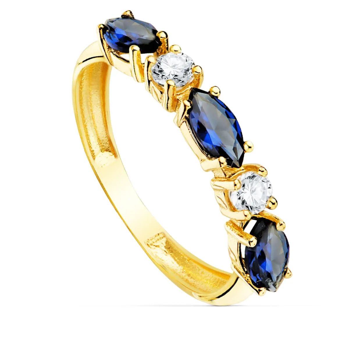 18K SORTIJA ORO AMARILLO 3 CIRCONITA AZULES TALLA MARQUISE ANCHO 3 MM