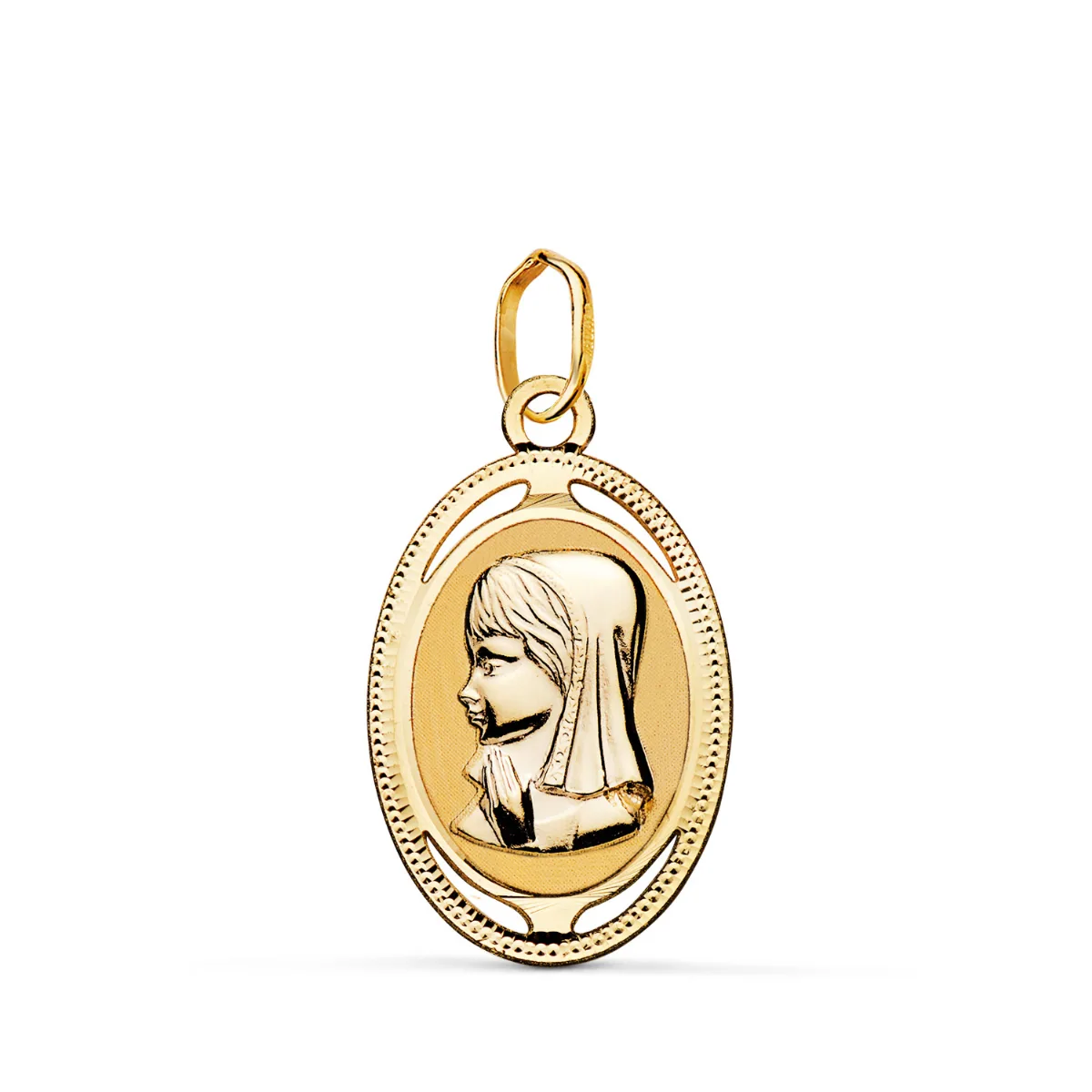 18K MEDALLA ORO AMARILLO OVAL VIRGEN NIÑA CON BORDE TALLADO Y CALADO 19X12 MM