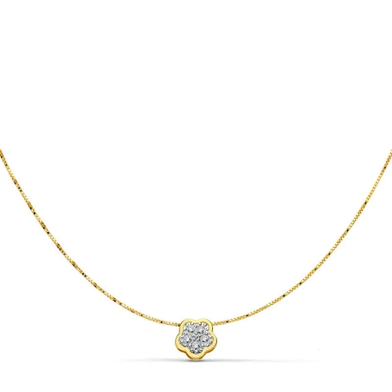 18K COLGANTE AMULETO  FLOR 5X5 MM ORO BICOLOR CADENA 42CM