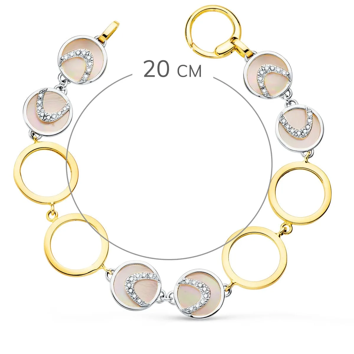 18K PULSERA ORO BICOLOR CIRCULOS CALADOS 16 MM Y NACAR ROSA 20CM — vista 2