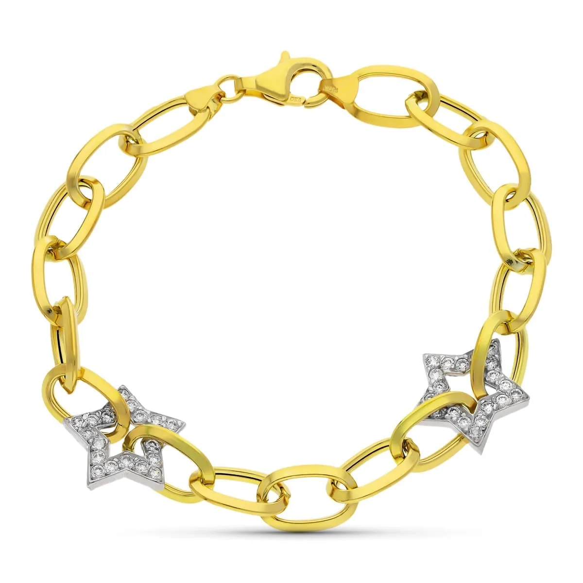 18K PULSERA ORO BICOLOR ESLABONES Y ESTRELLAS CIRCONITA 20CM