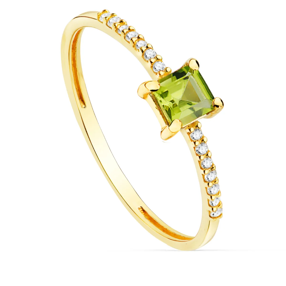 18K SORTIJA ORO AMARILLO 14 DIAMANTE 0.070  QTS. G-VS2. OLIVINA 4X4 MM CUERPO 1 MM