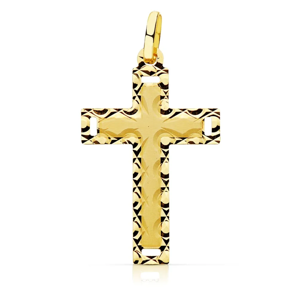 18K CRUZ ORO AMARILLO SIN CRISTO TALLADA 28X17 MM