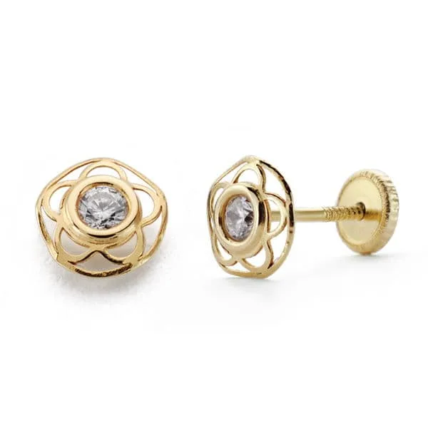 18K PENDIENTES ORO AMARILLO NIÑA FLOR CIRCONITA TUERCA