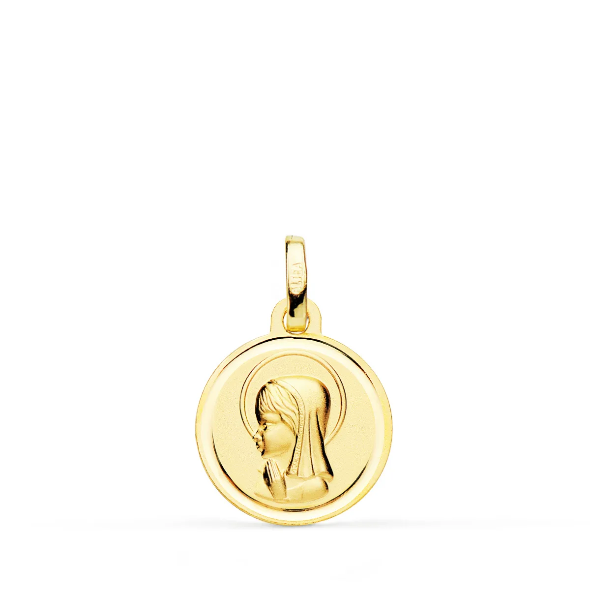 18K MEDALLA ORO AMARILLO VIRGEN NIÑA MATIZADA CON BISEL 14 MM